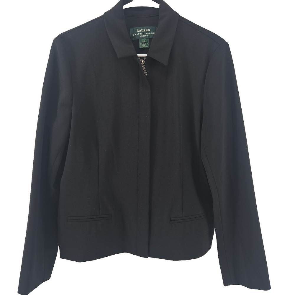 Lauren Ralph Lauren Women's 12P Petite Black Cropped Zipper Front Jacket